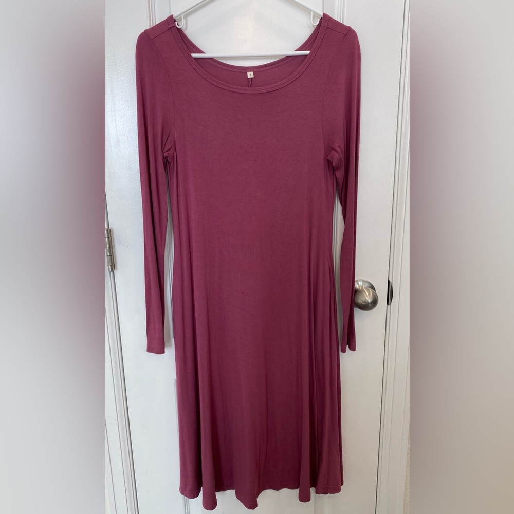 Pink Long Sleeve Midi Pocket Dress